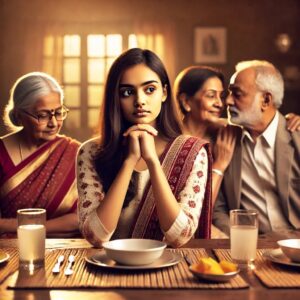 An Indian woman sitting at a dining table with her maternal family (Maayka) on one side and her in-laws (Sasural) on the other, symbolizing her effort to balance both families.