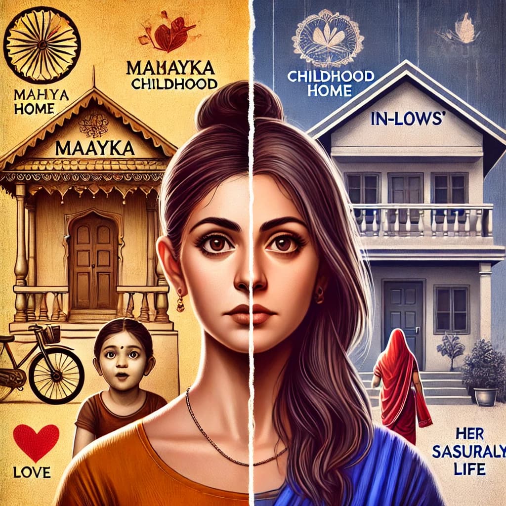 An Indian woman standing between two worlds – her maternal home (Maayka) filled with childhood memories and her in-laws' home (Sasural) symbolizing her married life, depicting her emotional journey.