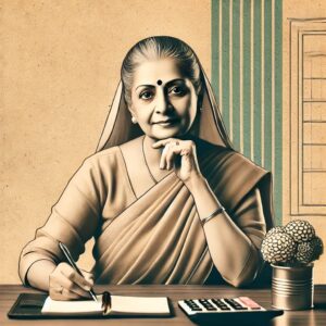 An Indian homemaker sitting at a table, managing household expenses with a calculator and notebook, symbolizing financial planning.