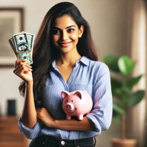 An Indian woman confidently holding a piggy bank and cash, representing financial independence and empowerment.