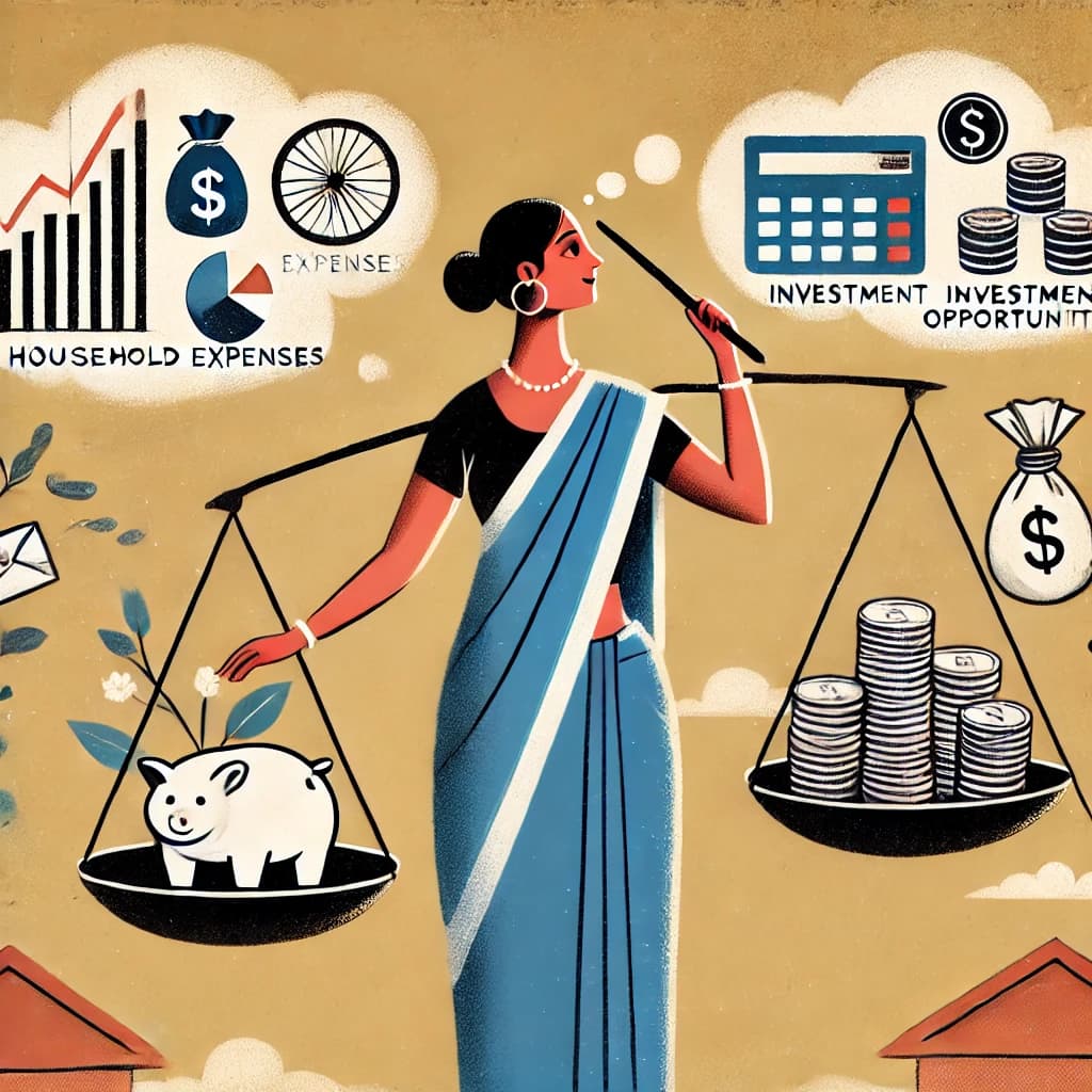 A symbolic illustration of an Indian woman balancing household expenses and investment opportunities, representing financial aspirations